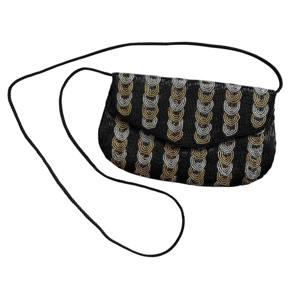 Vintage Black Beaded Clutch Crossbody Bag Art Deco Gold Silver Evening Prom Glam